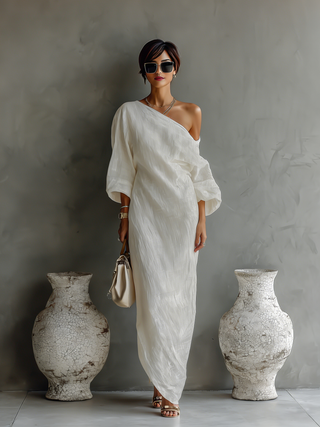 Capucine | Robe Fluide Ivoire avec Épaule Dégagée en Mélange de Lin Femme