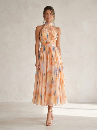 Halter Neck Dress with Watercolor Print