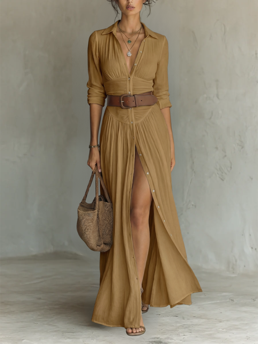 Adèle | Robe Longue en Lin avec Revers et Manches Longues Femme