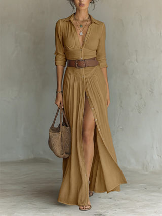 Adèle | Robe Longue en Lin avec Revers et Manches Longues Femme