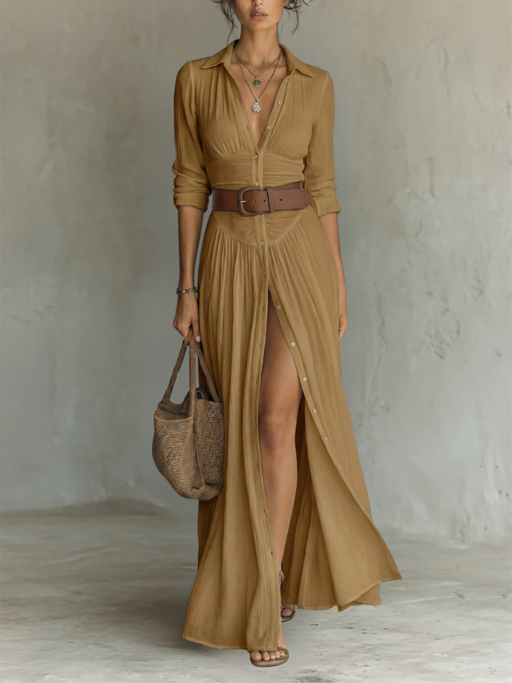 Adèle | Robe Longue en Lin avec Revers et Manches Longues Femme