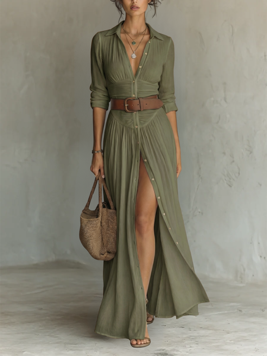 Adèle | Robe Longue en Lin avec Revers et Manches Longues Femme