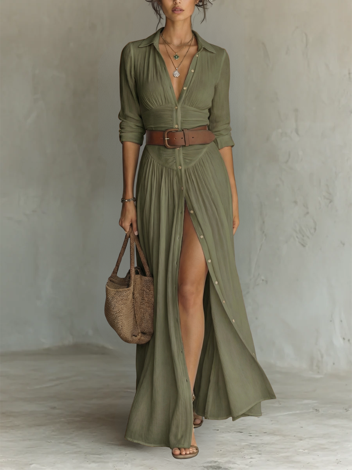 Adèle | Robe Longue en Lin avec Revers et Manches Longues Femme