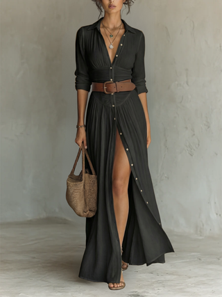 Adèle | Robe Longue en Lin avec Revers et Manches Longues Femme