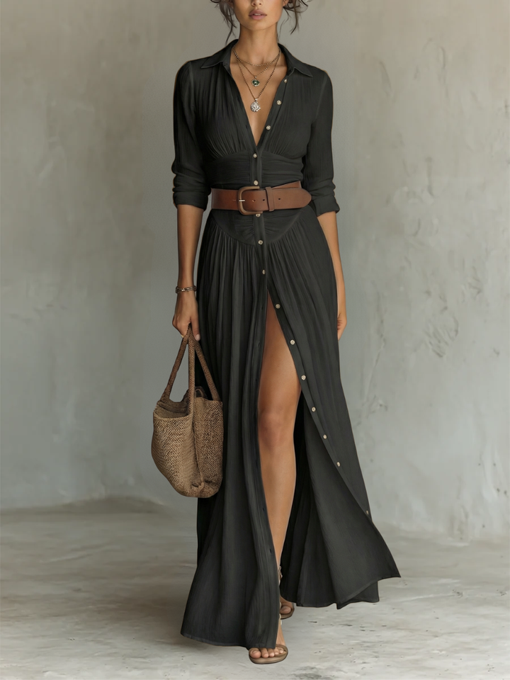 Adèle | Robe Longue en Lin avec Revers et Manches Longues Femme
