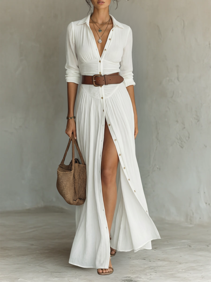 Adèle | Robe Longue en Lin avec Revers et Manches Longues Femme
