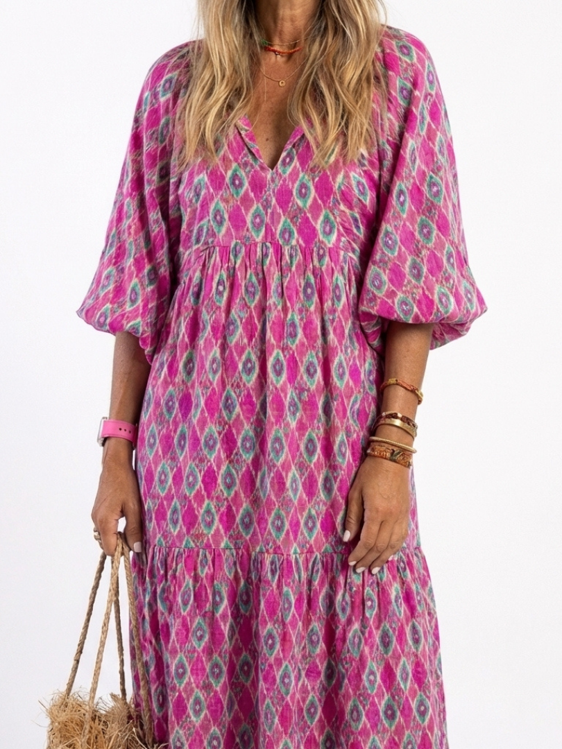 Leah | Robe midi à manches trois quarts et décolleté en V à motifs femme
