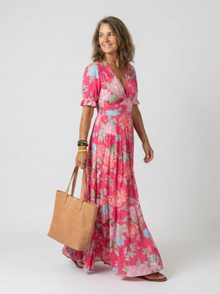 Leila | Robe midi fleurie à manches courtes et décolleté en V femme
