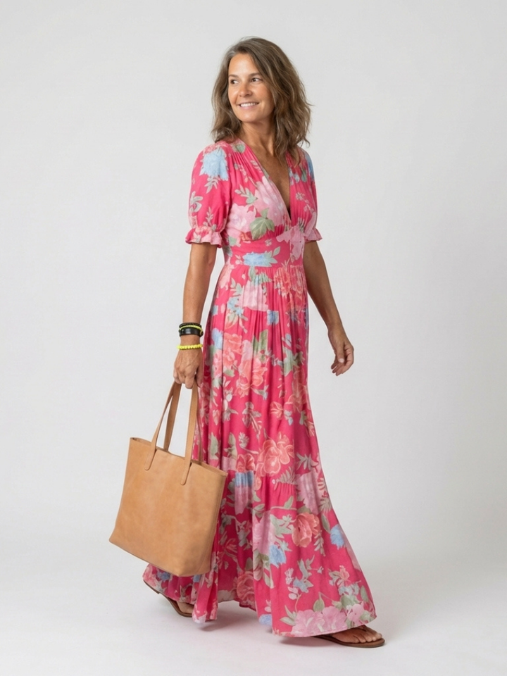Leila | Robe midi fleurie à manches courtes et décolleté en V femme
