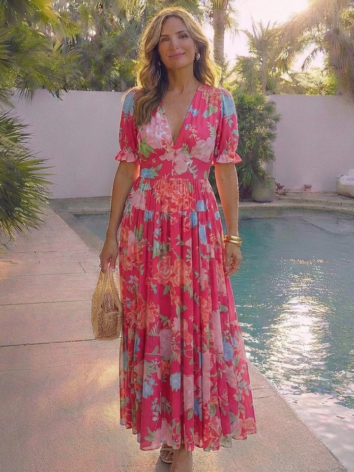 Leila | Robe midi fleurie à manches courtes et décolleté en V femme