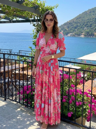 Leila | Robe midi fleurie à manches courtes et décolleté en V femme