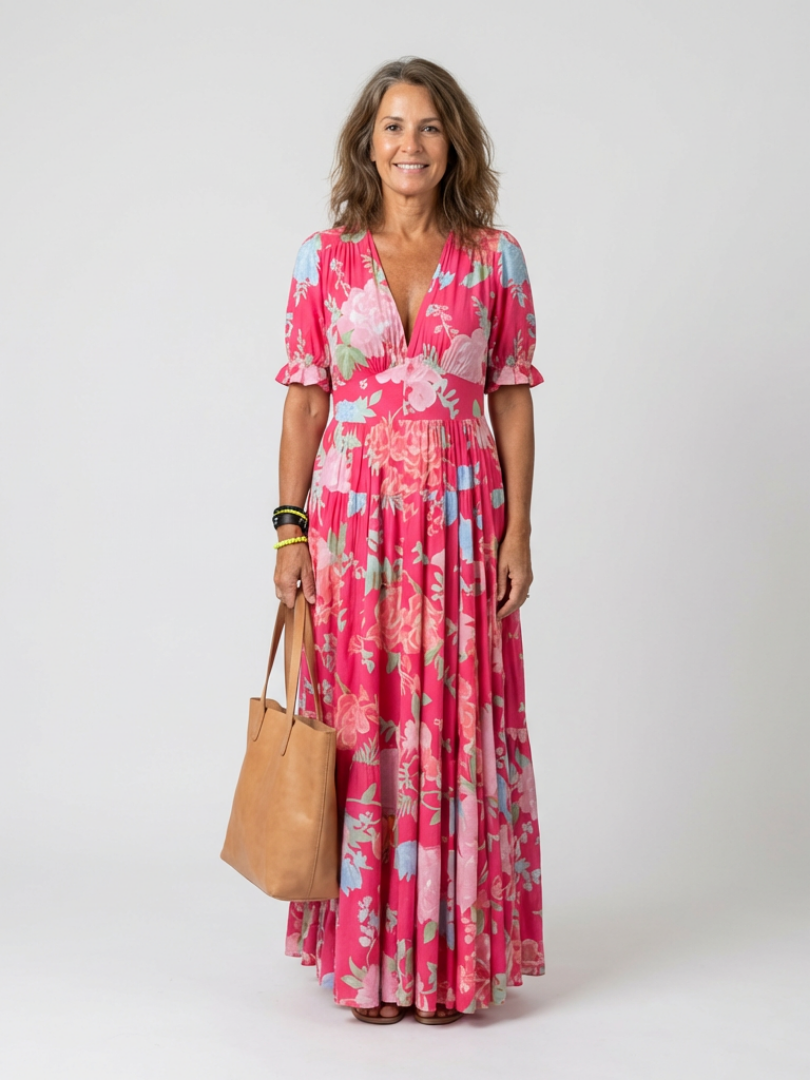 Leila | Robe midi fleurie à manches courtes et décolleté en V femme