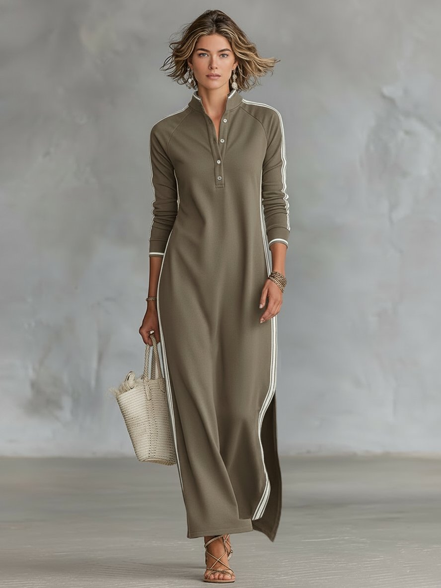 Geneviève | Robe Maxi en Sweat avec Col à Boutons Femme