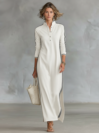Geneviève | Robe Maxi en Sweat avec Col à Boutons Femme