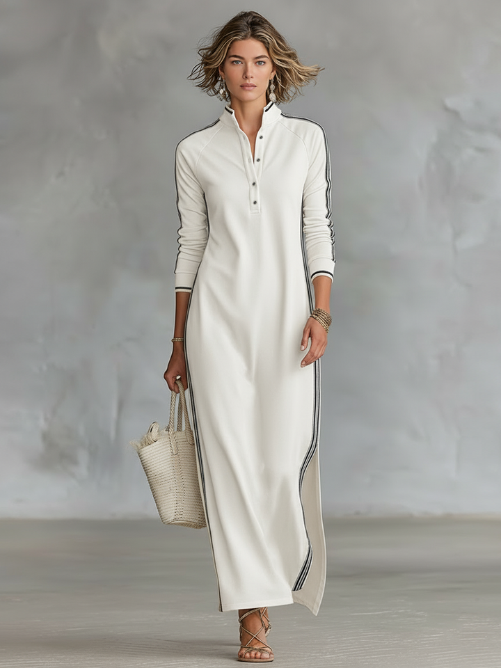 Geneviève | Robe Maxi en Sweat avec Col à Boutons Femme