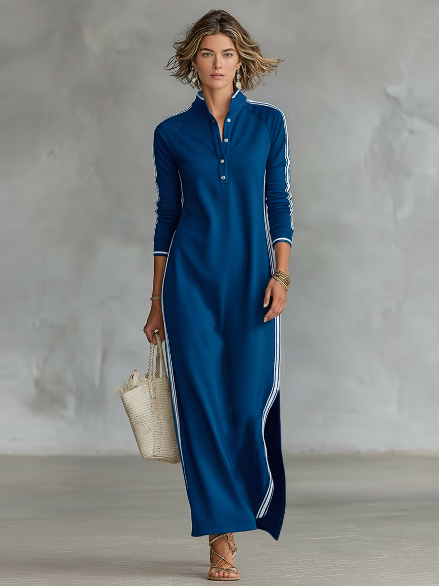 Geneviève | Robe Maxi en Sweat avec Col à Boutons Femme