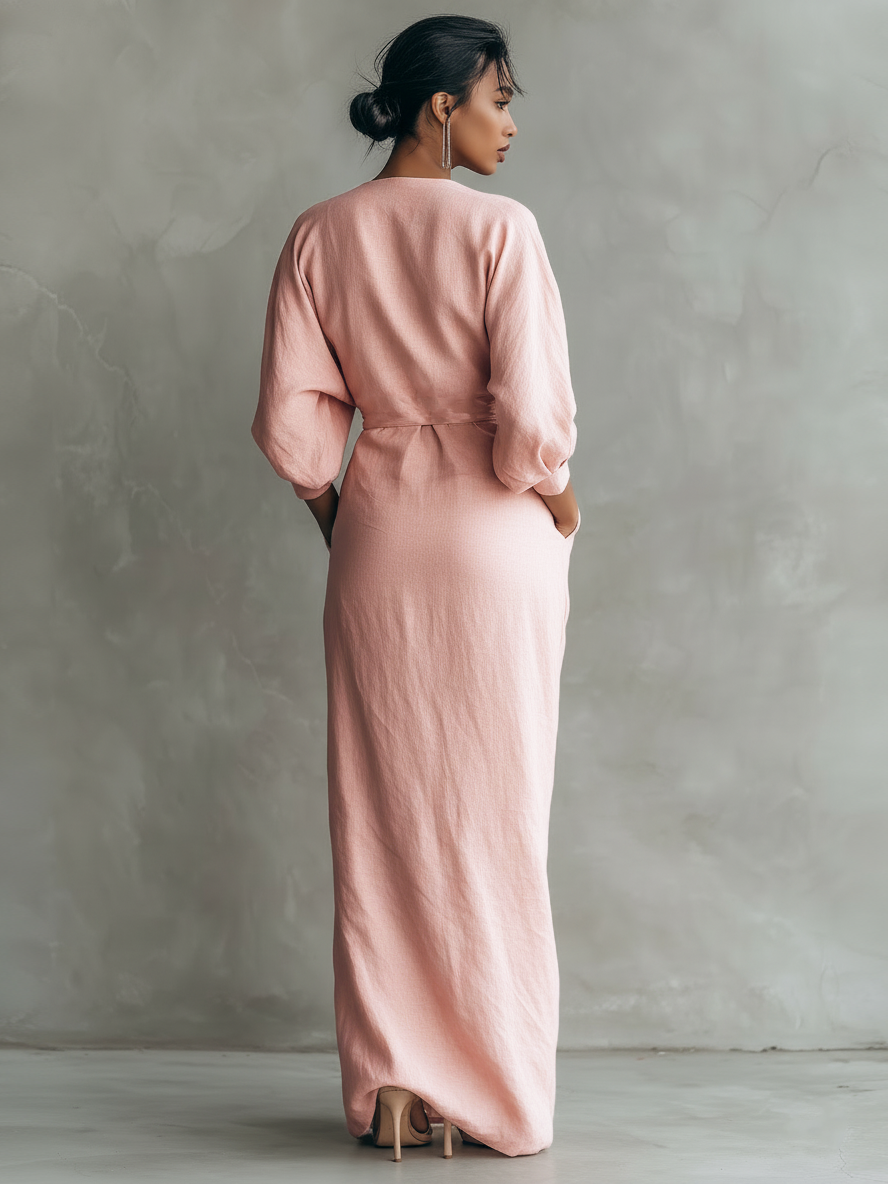 Céleste | Robe Maxi en Lin Rose avec Décolleté en V Femme