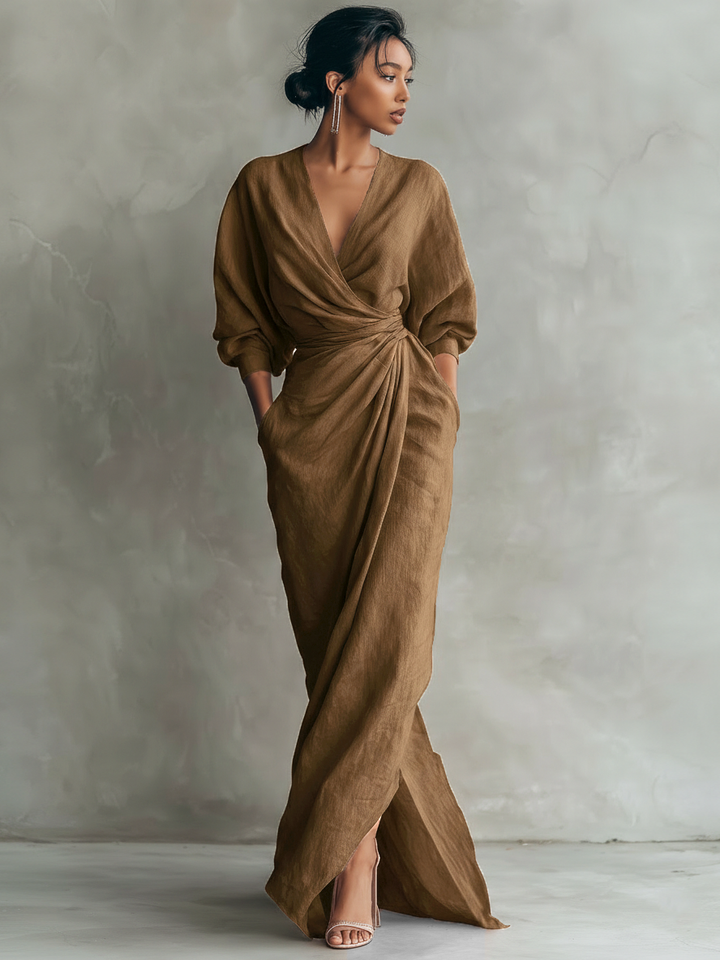 Céleste | Robe Maxi en Lin Rose avec Décolleté en V Femme