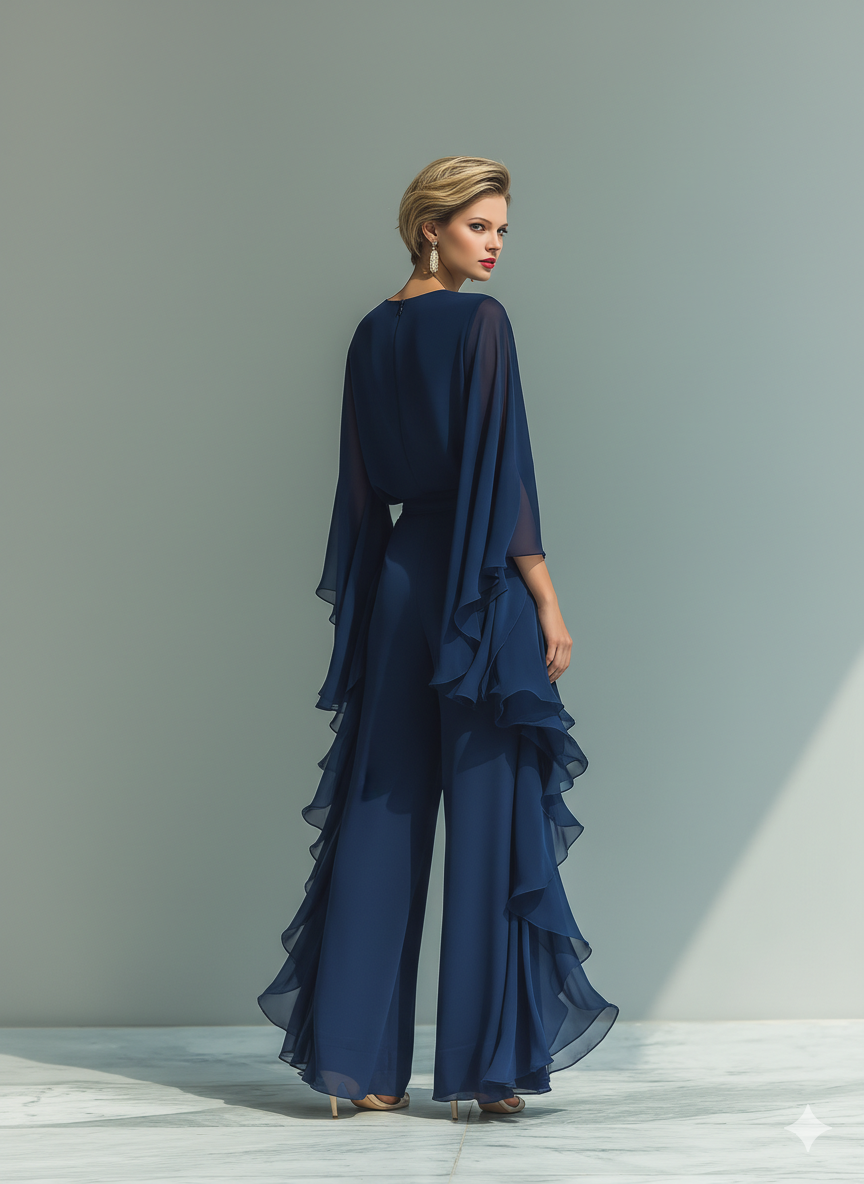 Ambre | Ensemble en Chiffon Bleu Marine à Manches Évasées et Volants Femme