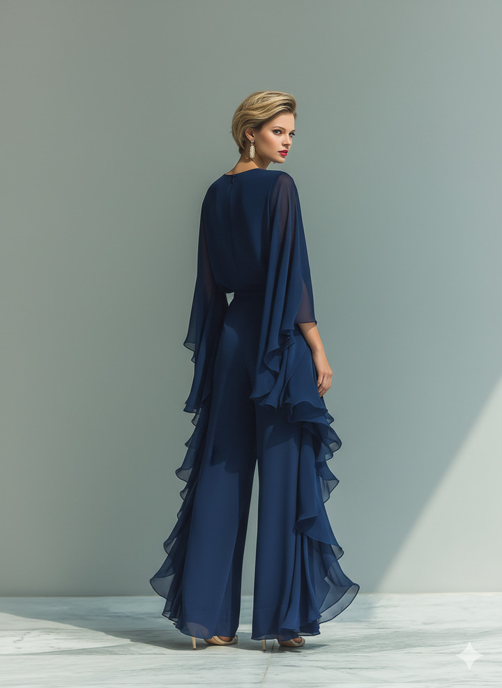 Ambre | Ensemble en Chiffon Bleu Marine à Manches Évasées et Volants Femme