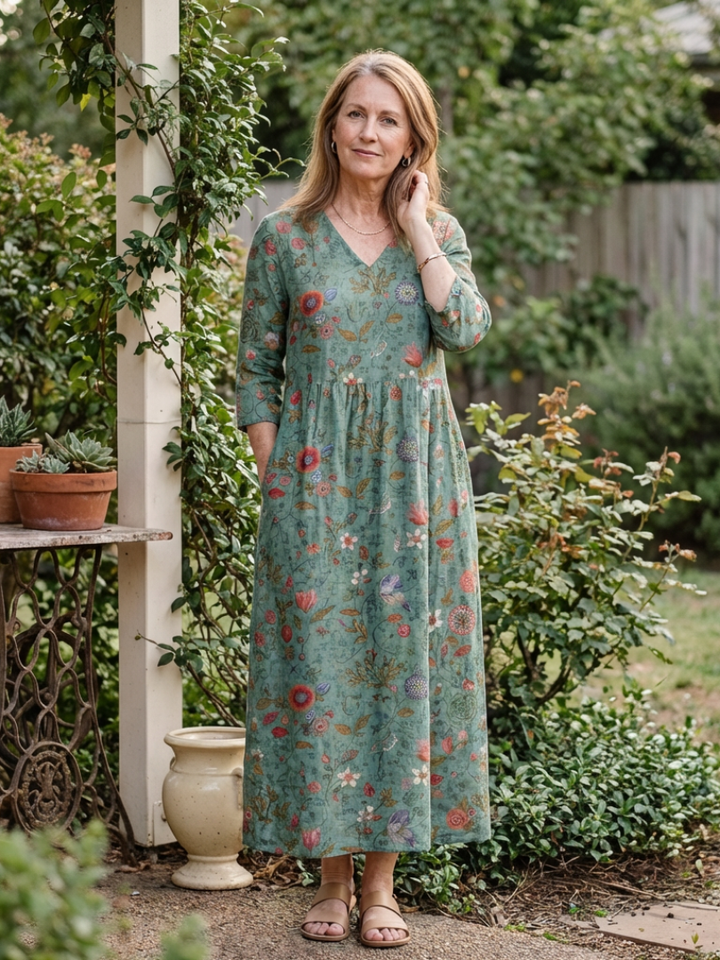 Joan| Robe maxi à manches trois-quarts en V florale femme