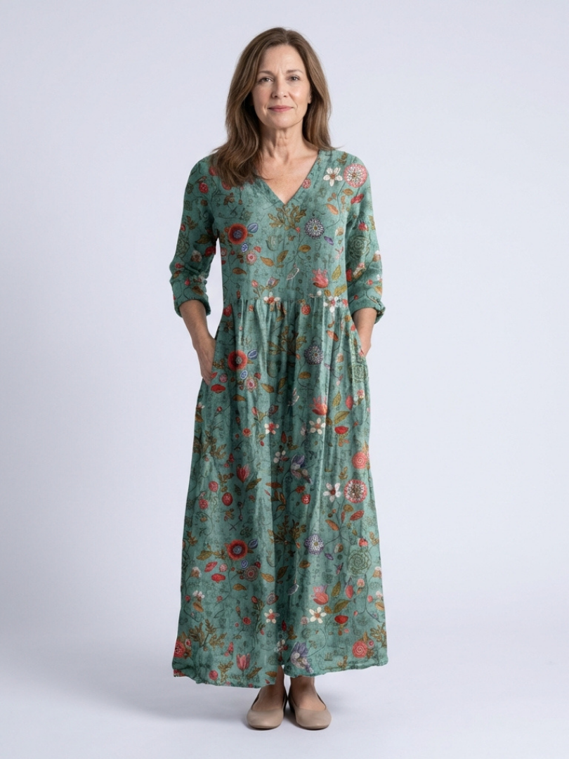 Joan| Robe maxi à manches trois-quarts en V florale femme