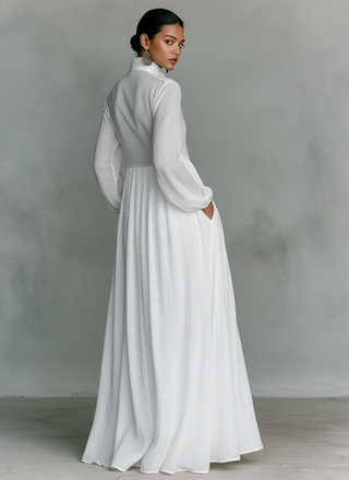 Noémie | Robe Maxi en Lin avec Détails Patchwork et Col Haut Femme