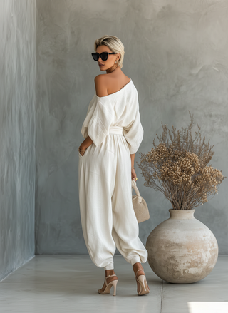 Romane | Ensemble en Lin Off-Shoulder avec Pantalon Tapered Femme