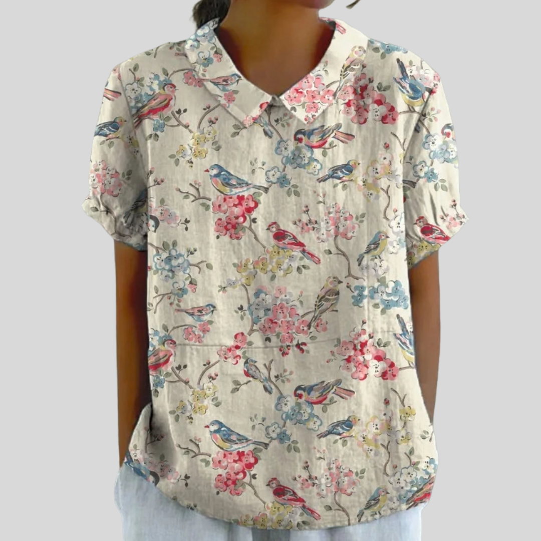Clémence | Blouse imprimé oiseaux & fleurs femme