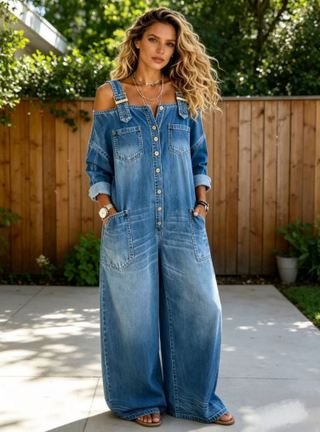 Stephanie™ – La combinaison denim épaules dénudées pour un été sans effort