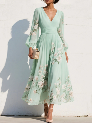 Maëlys – Robe midi plissée fleurie en chiffon col V