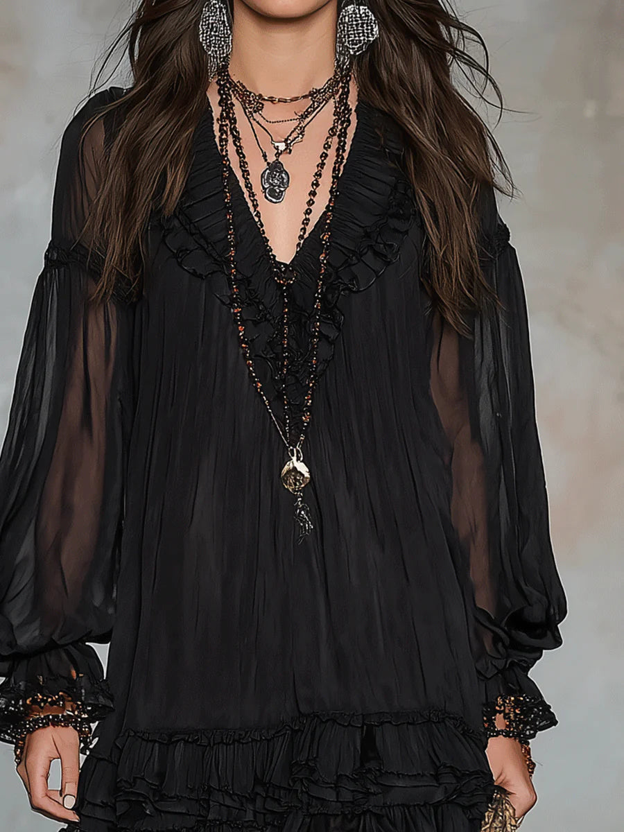 Robe courte femme Oriella™  élégance noire et détails volantés