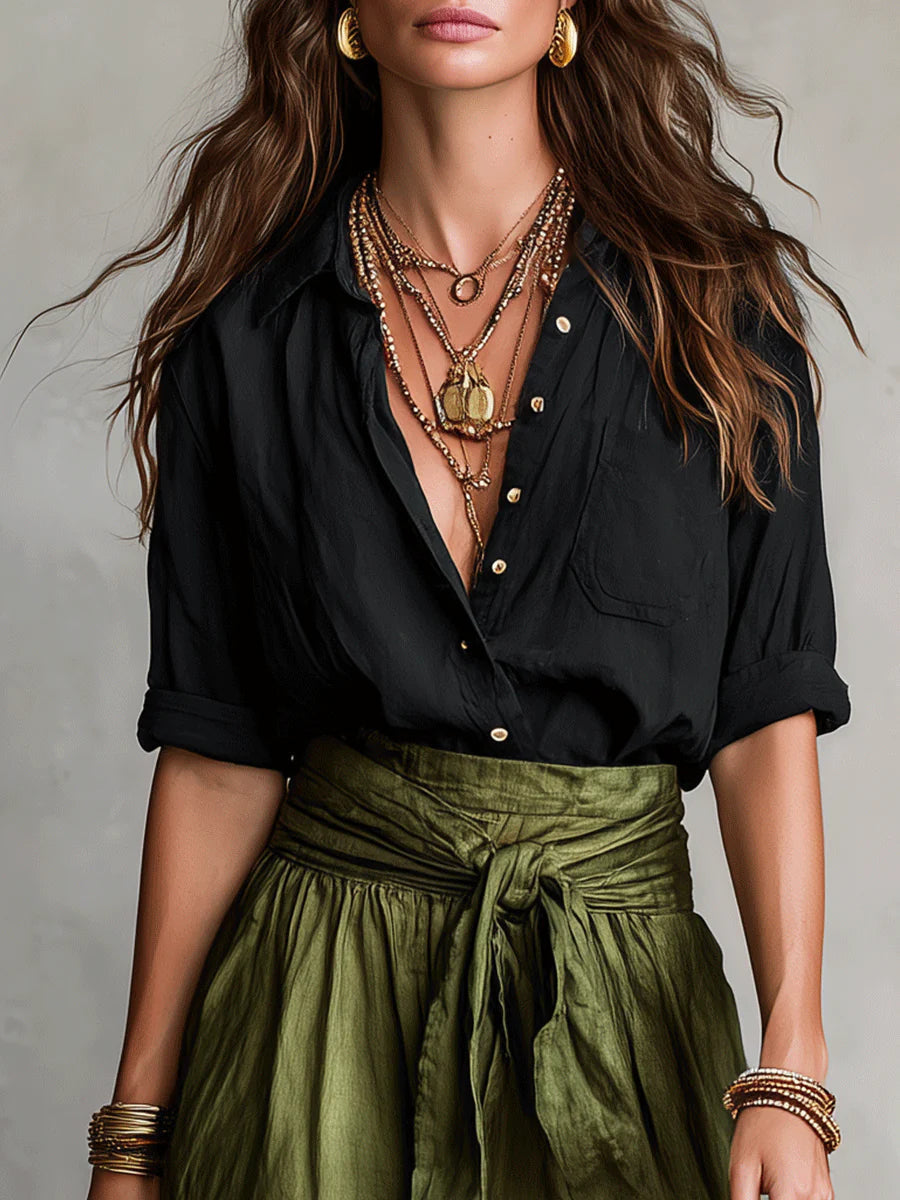 Vera | Ensemble femme élégant blouse noire et jupe midi verte