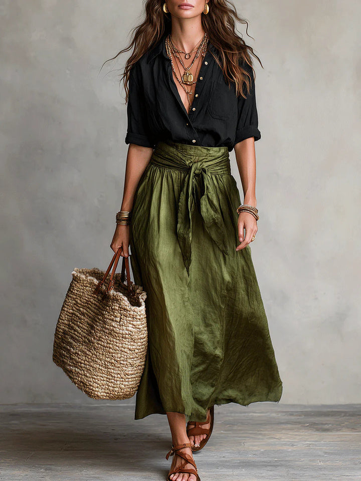 Vera | Ensemble femme élégant blouse noire et jupe midi verte