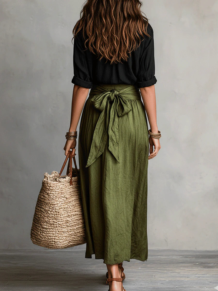 Vera | Ensemble femme élégant blouse noire et jupe midi verte
