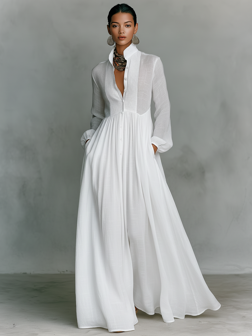 Noémie | Robe Maxi en Lin avec Détails Patchwork et Col Haut Femme