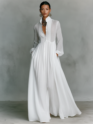 Noémie | Robe Maxi en Lin avec Détails Patchwork et Col Haut Femme