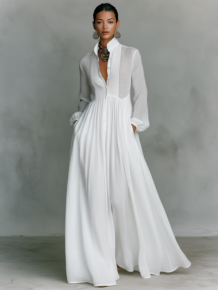 Noémie | Robe Maxi en Lin avec Détails Patchwork et Col Haut Femme