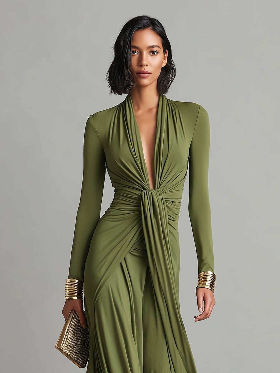 Charlotte | Robe Maxi en Soie Olive avec Décolleté en V Profond Femme