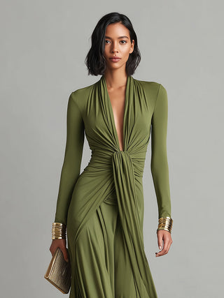 Charlotte | Robe Maxi en Soie Olive avec Décolleté en V Profond Femme