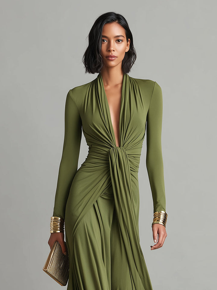 Charlotte | Robe Maxi en Soie Olive avec Décolleté en V Profond Femme
