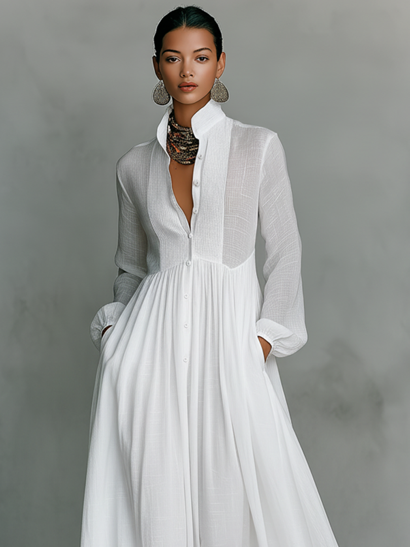 Noémie | Robe Maxi en Lin avec Détails Patchwork et Col Haut Femme