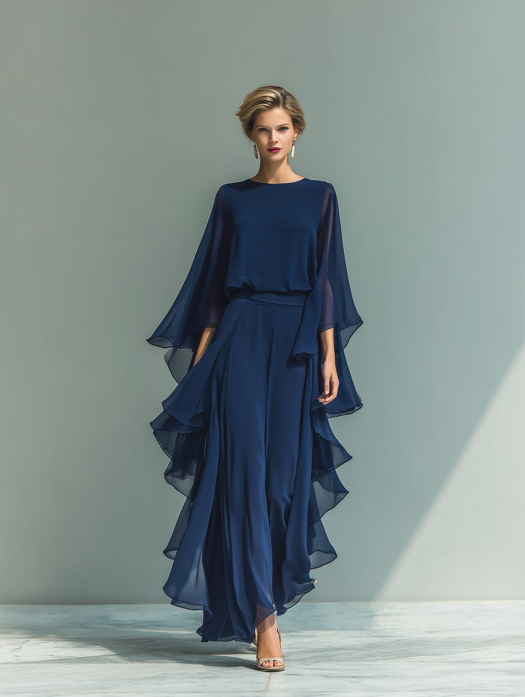 Ambre | Ensemble en Chiffon Bleu Marine à Manches Évasées et Volants Femme