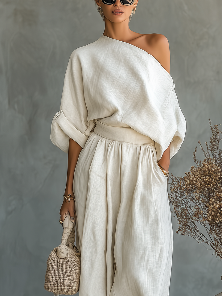 Romane | Ensemble en Lin Off-Shoulder avec Pantalon Tapered Femme