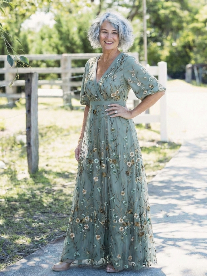Amélie | Robe maxi à fleurs à col V et manches courtes femme