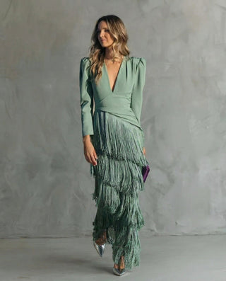 Clara | Robe midi élégante à manches frangées